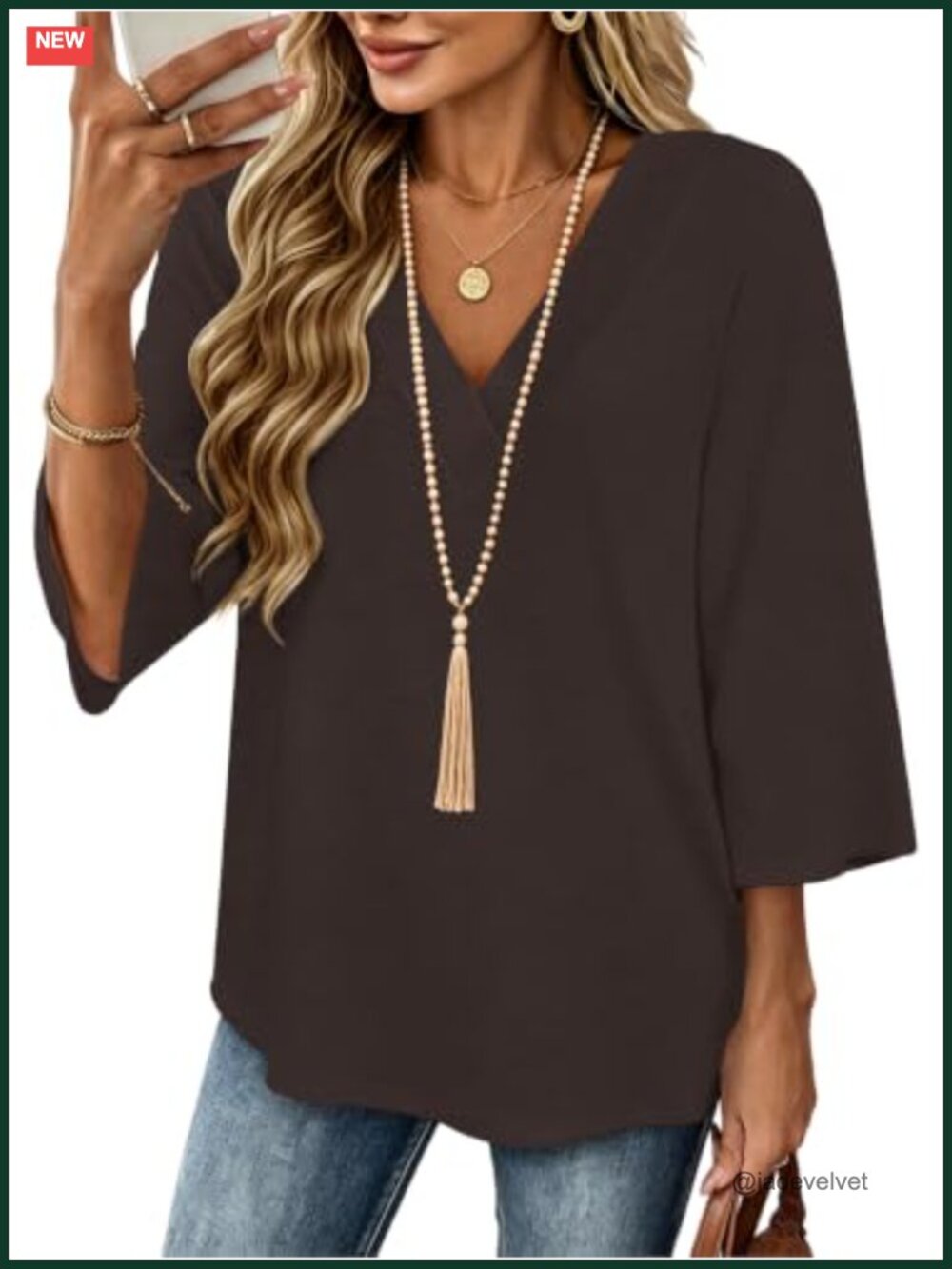 3/4 Sleeve Women's Tunic Top V-Neck Loose Fit Blouse
